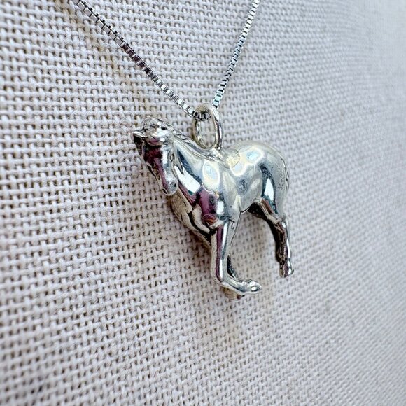 VTG Sterling Silver 925 Horse Pendant Box Link Chain Necklace Size 18" Length - Picture 3 of 14